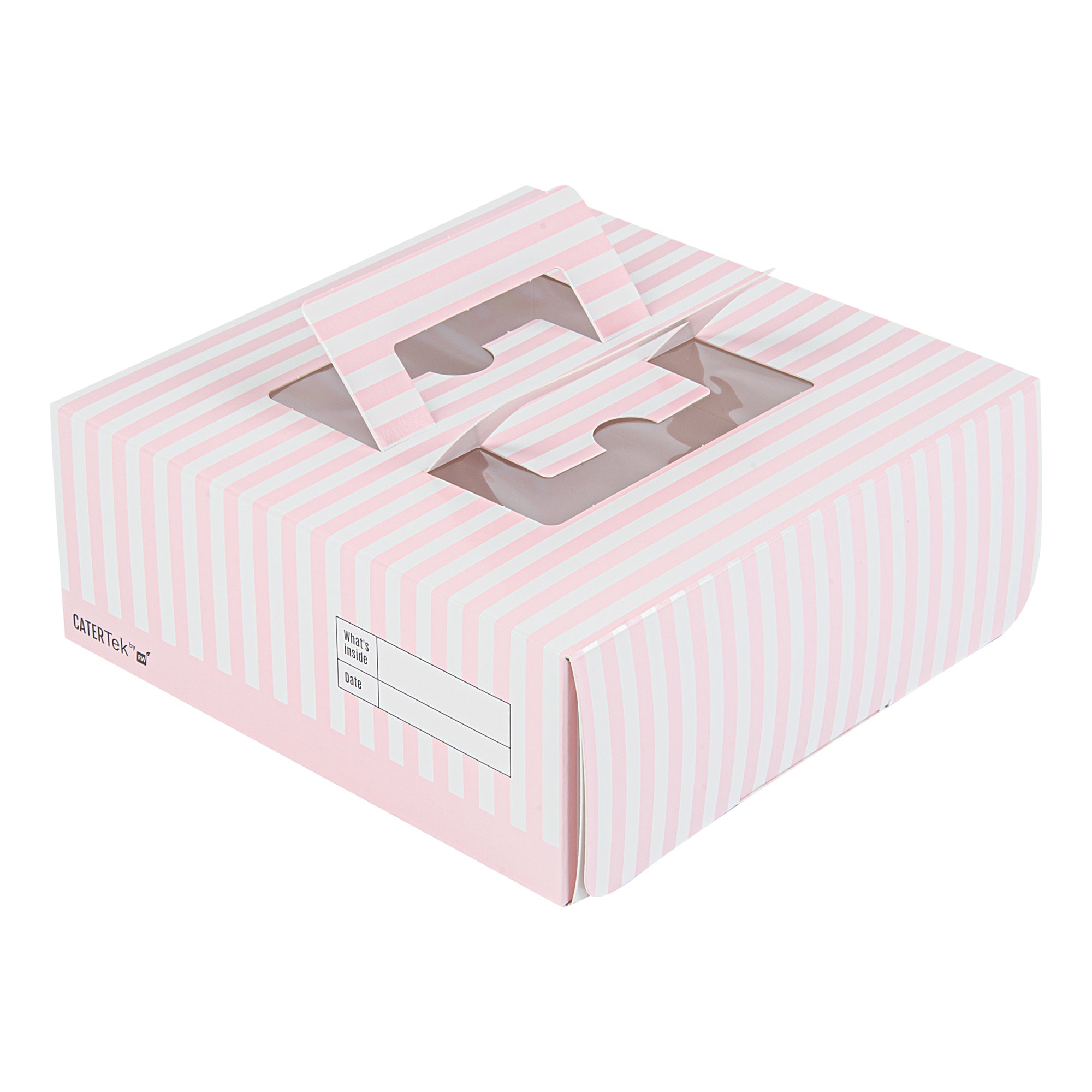 Cater Tek Square Pink and White Stripe Paper Cake / Take Out Container - with Pop-Up Handle, Window - 9" x 9" x 3 1/2" - 50 count box
