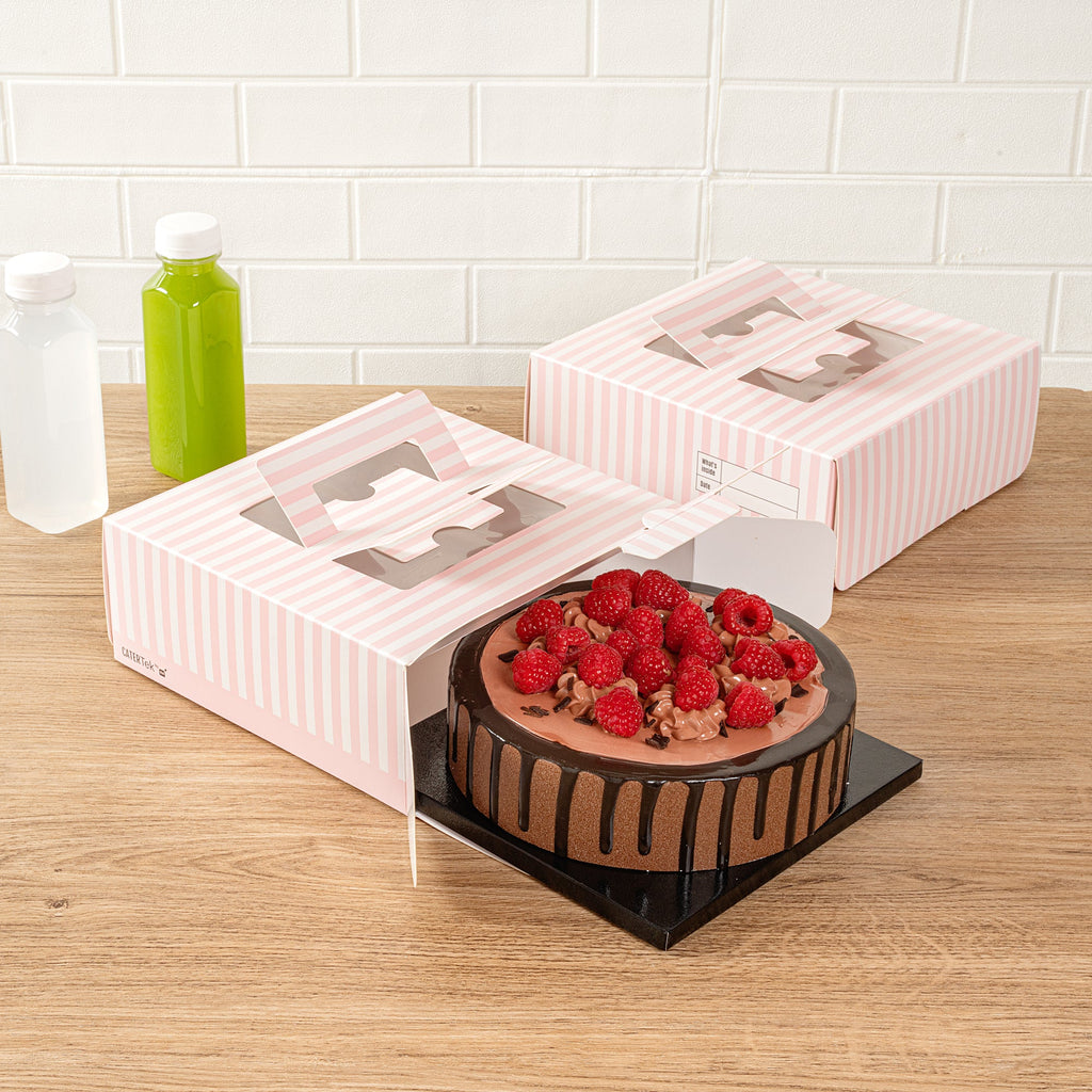 Cater Tek Square Pink and White Stripe Paper Cake / Take Out Container - with Pop-Up Handle, Window - 9" x 9" x 3 1/2" - 50 count box