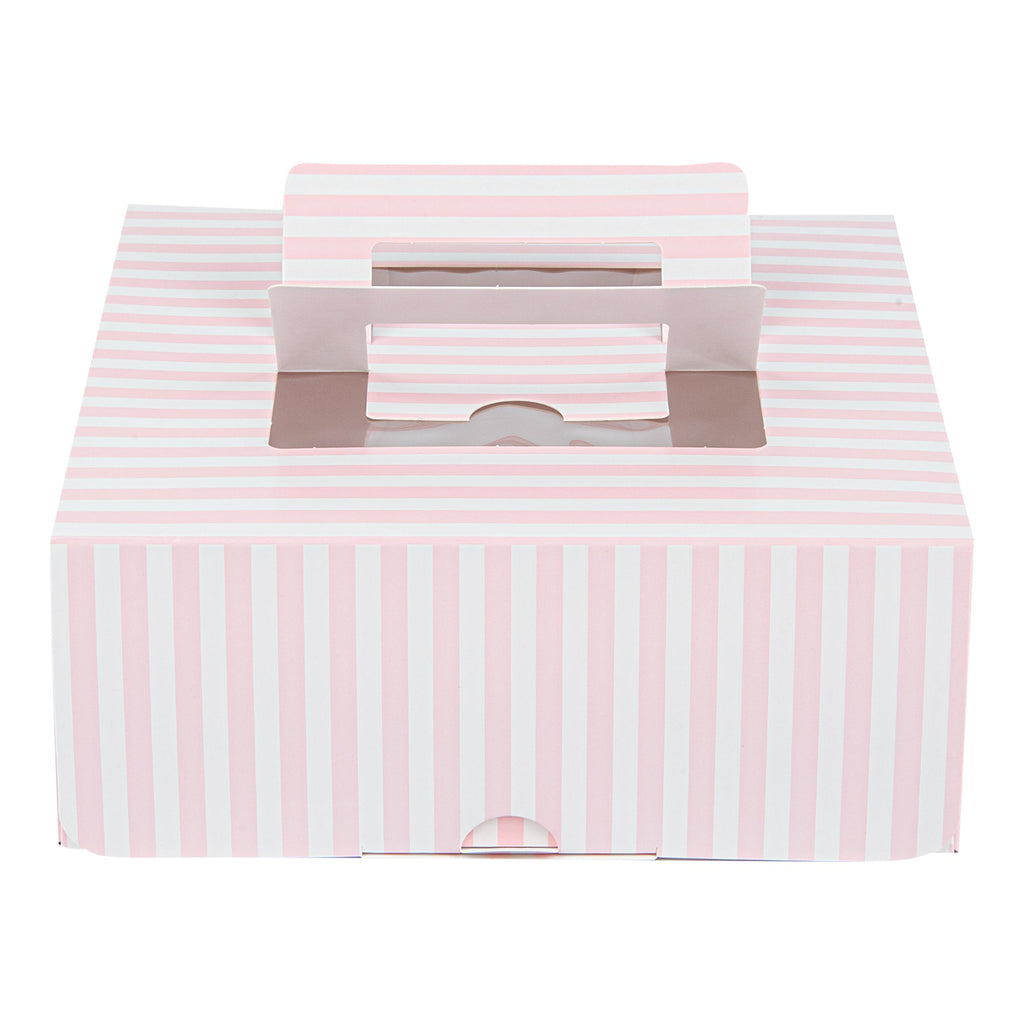 Cater Tek Square Pink and White Stripe Paper Cake / Take Out Container - with Pop-Up Handle, Window - 9" x 9" x 3 1/2" - 50 count box