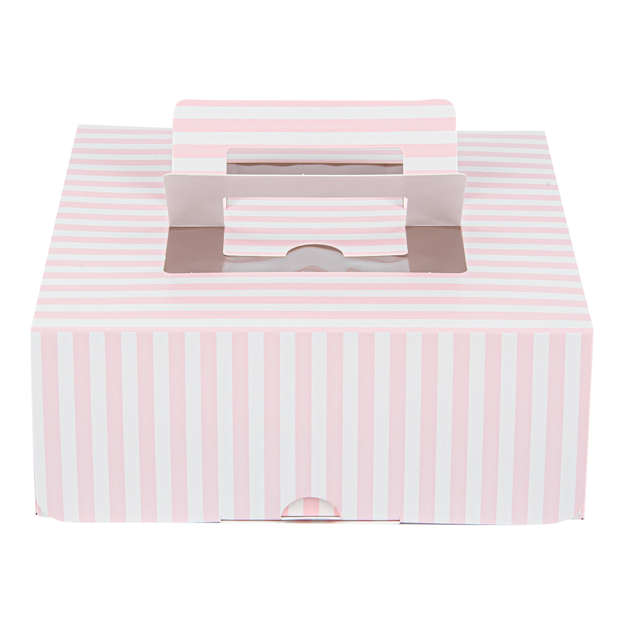 Cater Tek Square Pink and White Stripe Paper Cake / Take Out Container - with Pop-Up Handle, Window - 9" x 9" x 3 1/2" - 50 count box