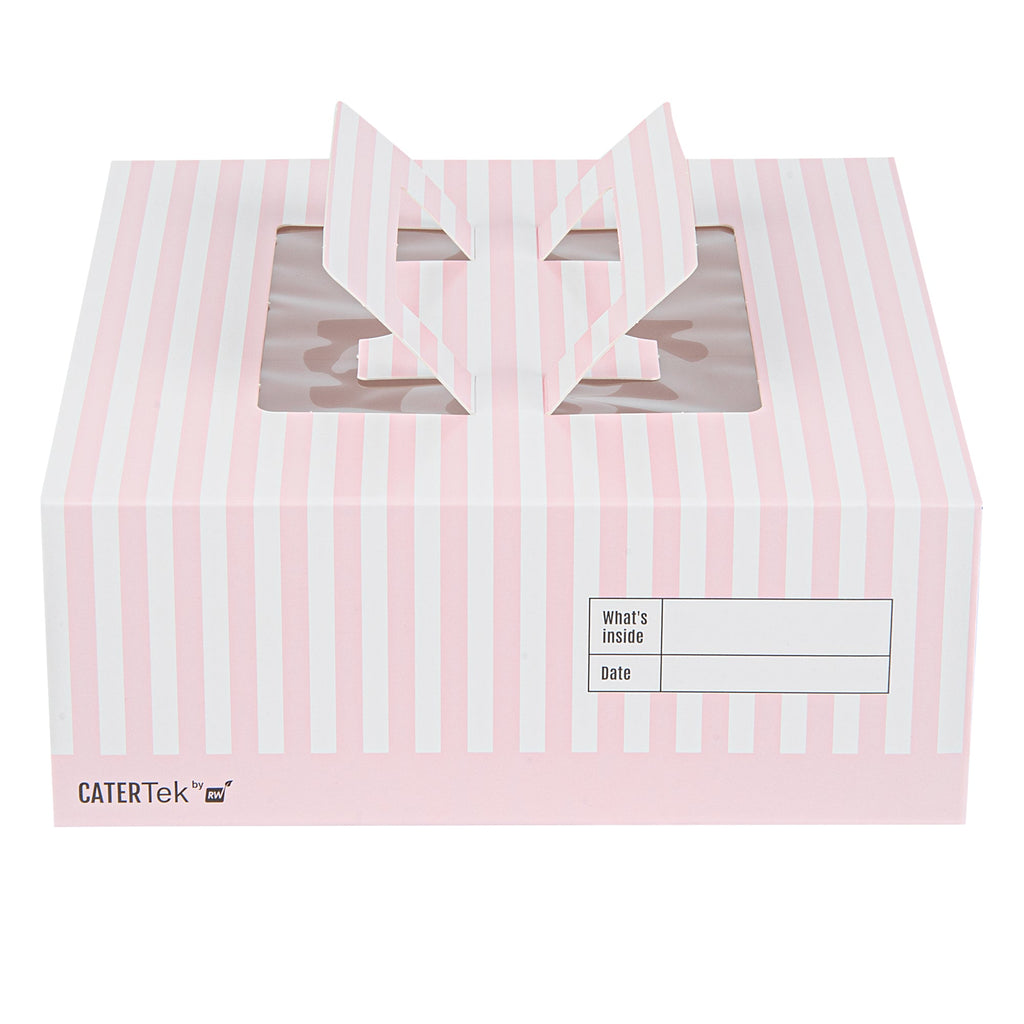 Cater Tek Square Pink and White Stripe Paper Cake / Take Out Container - with Pop-Up Handle, Window - 9" x 9" x 3 1/2" - 50 count box