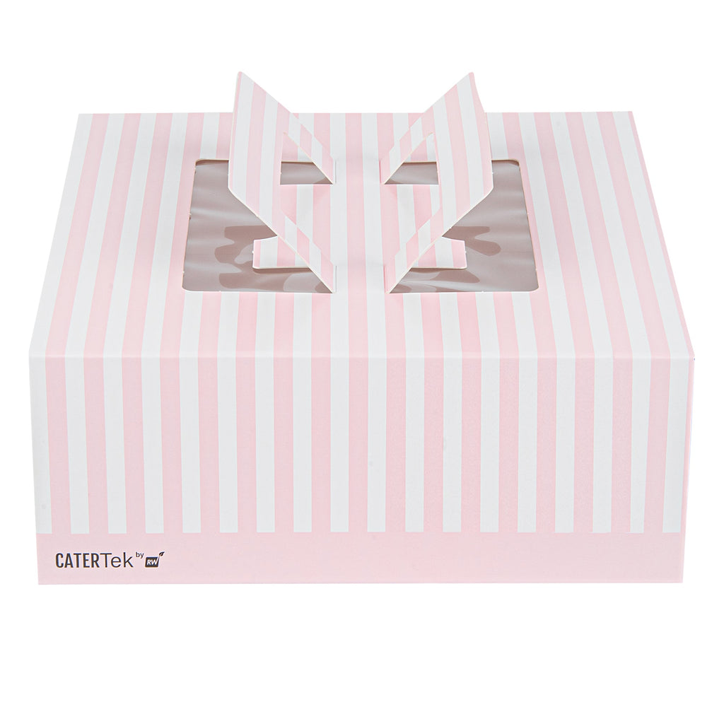 Cater Tek Square Pink and White Stripe Paper Cake / Take Out Container - with Pop-Up Handle, Window - 9" x 9" x 3 1/2" - 50 count box