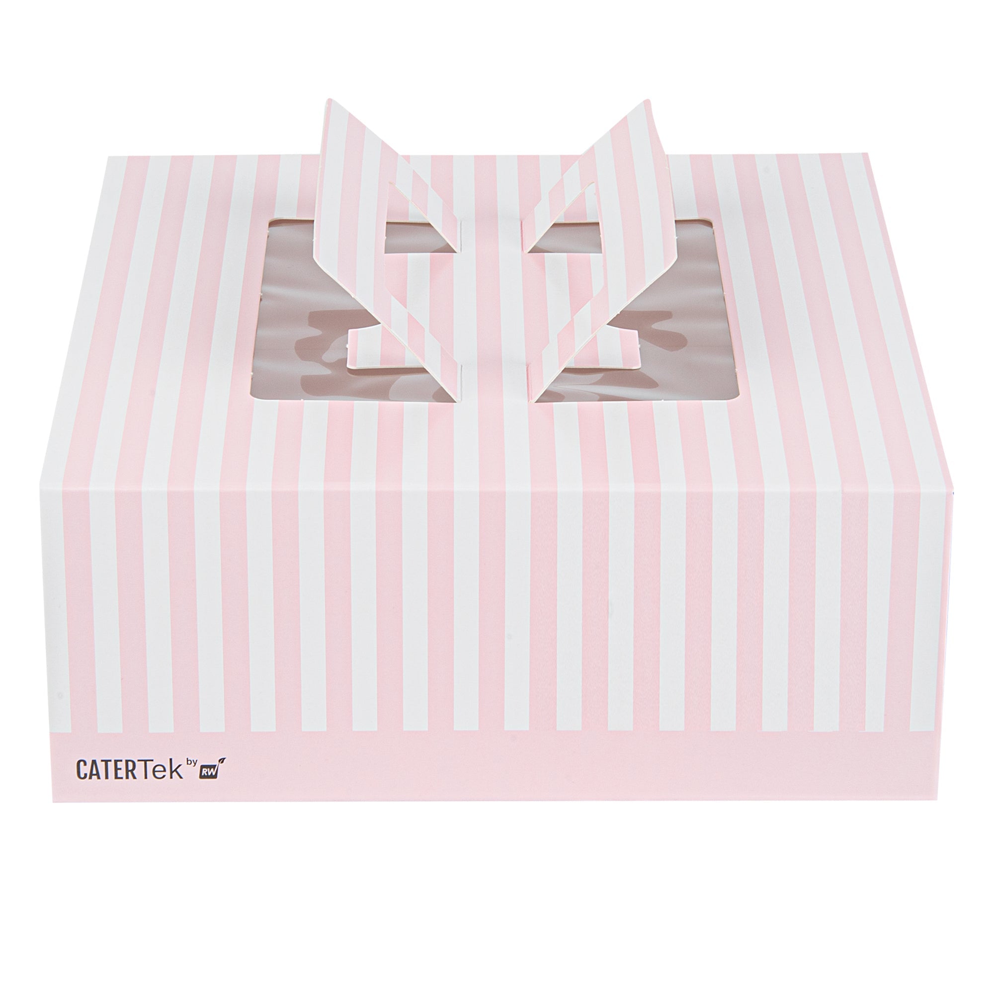 Cater Tek Square Pink and White Stripe Paper Cake / Take Out Container - with Pop-Up Handle, Window - 9" x 9" x 3 1/2" - 50 count box