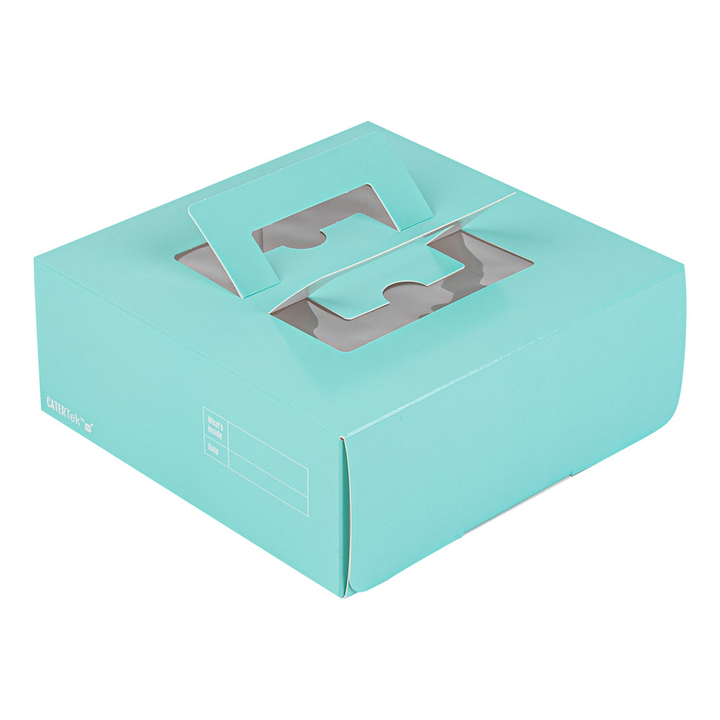 Cater Tek Square Turquoise Paper Cake / Take Out Container - with Pop-Up Handle, Window - 9" x 9" x 3 1/2" - 50 count box