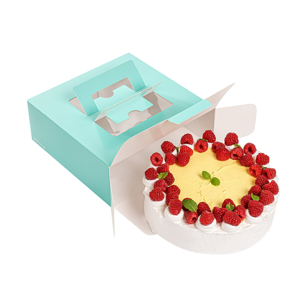 Cater Tek Square Turquoise Paper Cake / Take Out Container - with Pop-Up Handle, Window - 9" x 9" x 3 1/2" - 50 count box