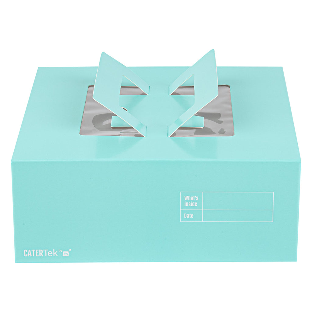 Cater Tek Square Turquoise Paper Cake / Take Out Container - with Pop-Up Handle, Window - 9" x 9" x 3 1/2" - 50 count box