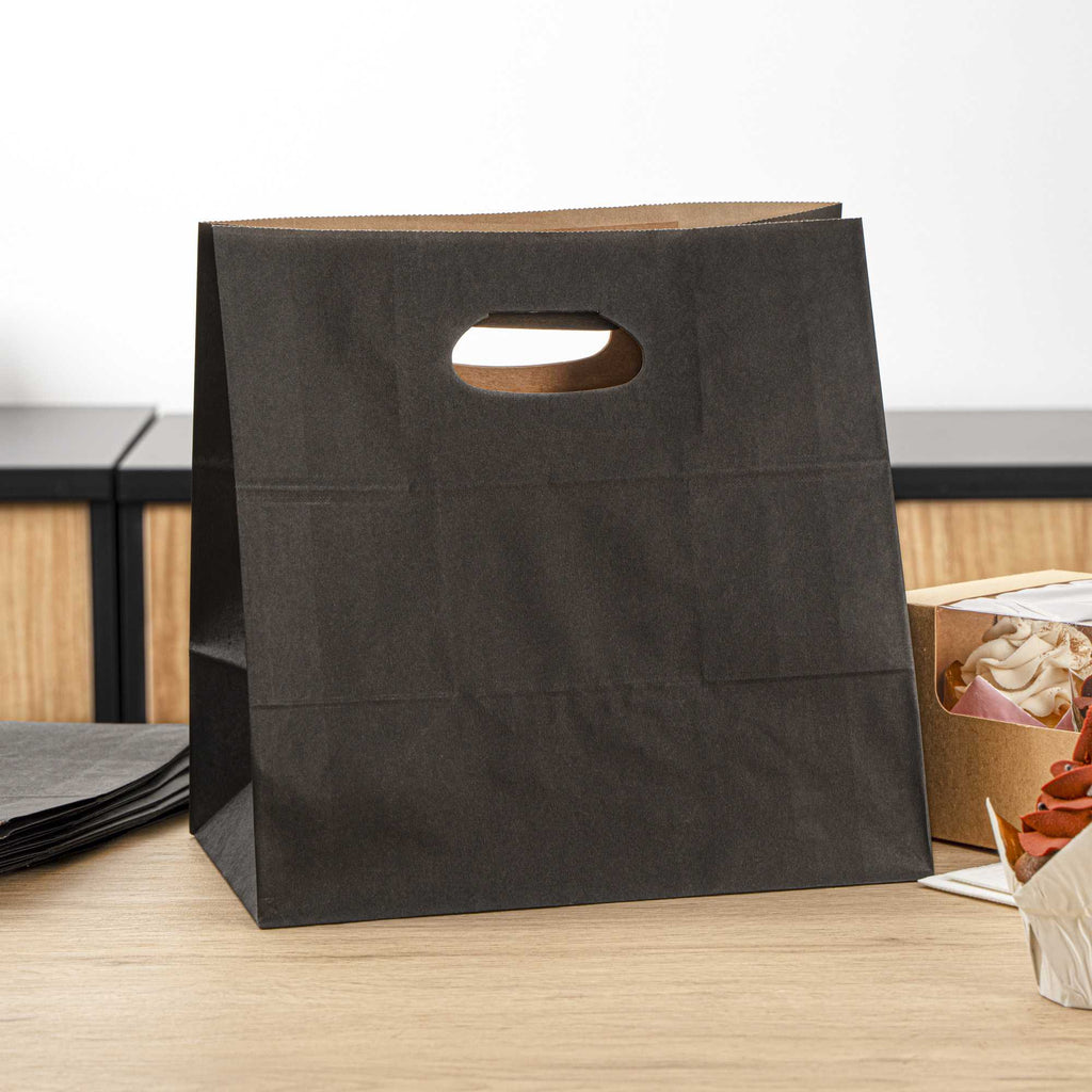 Bag Tek Rectangle Black Paper Take Out Bag - with Handles - 11" x 7" x 11" - 100 count box