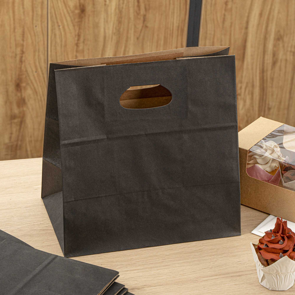 Bag Tek Rectangle Black Paper Take Out Bag - with Handles - 11" x 7" x 11" - 100 count box
