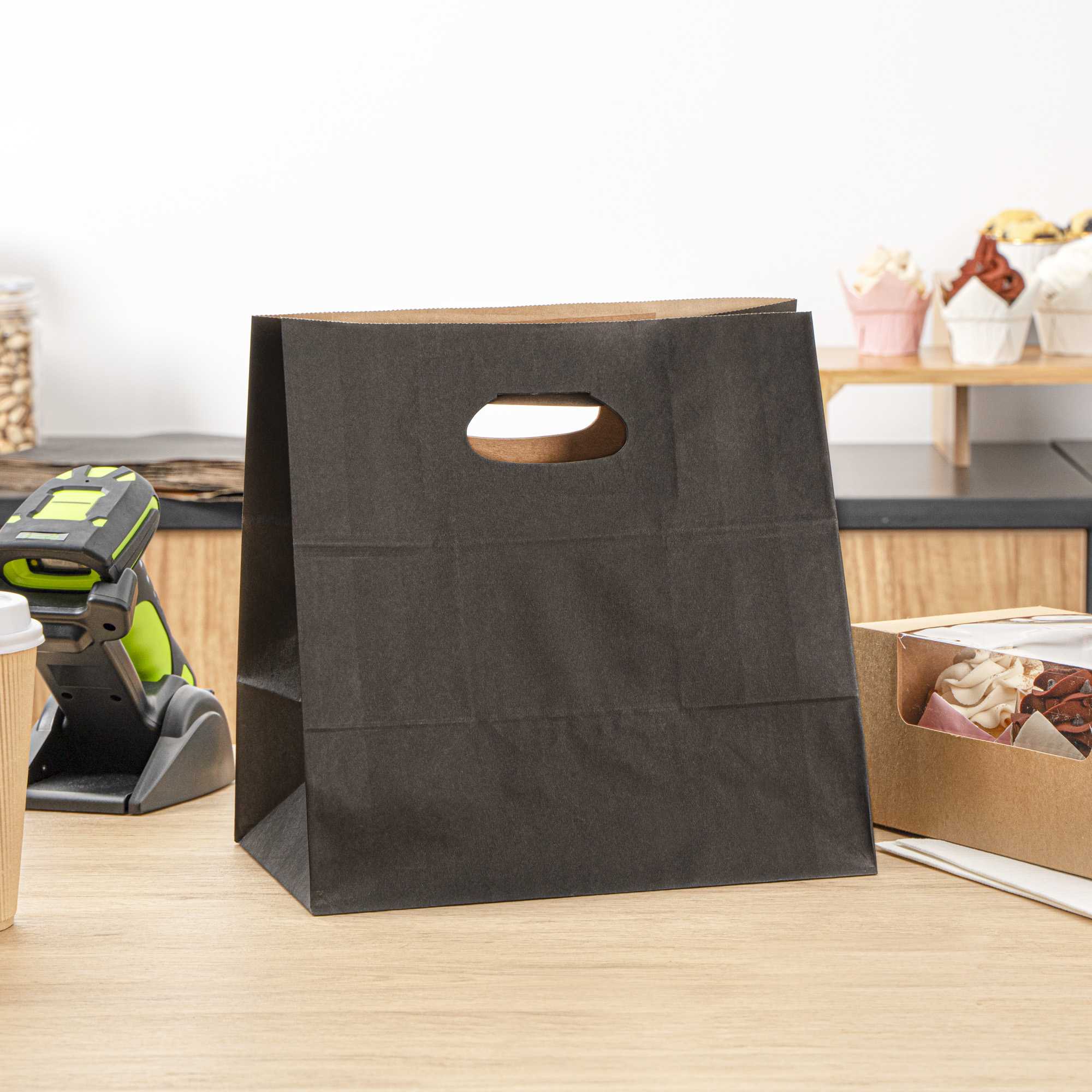 Bag Tek Rectangle Black Paper Take Out Bag - with Handles - 11" x 7" x 11" - 100 count box