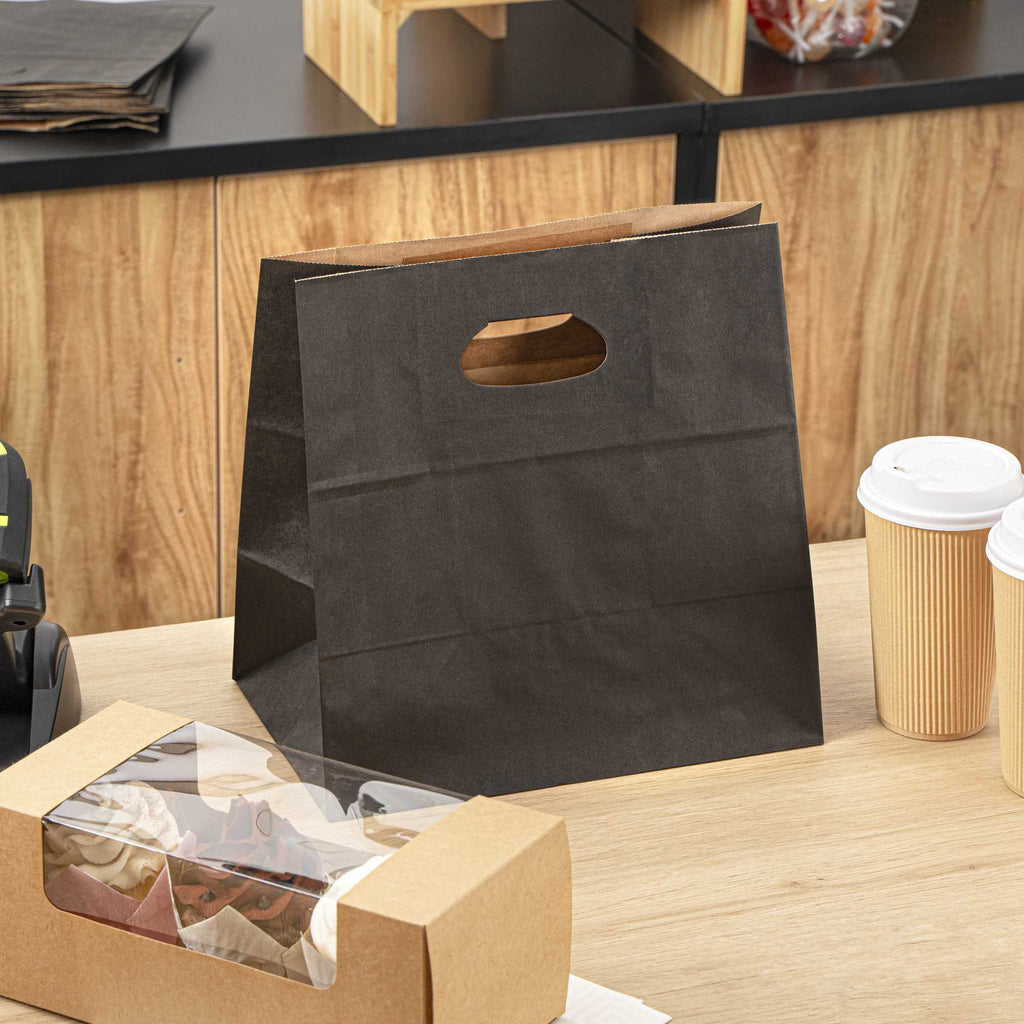 Bag Tek Rectangle Black Paper Take Out Bag - with Handles - 11" x 7" x 11" - 100 count box