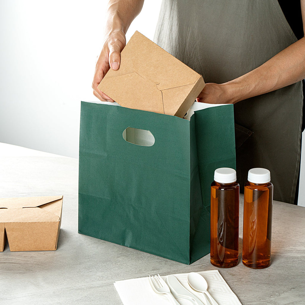 Bag Tek Rectangle Forest Green Paper Take Out Bag - with Handles - 11" x 7" x 11" - 100 count box
