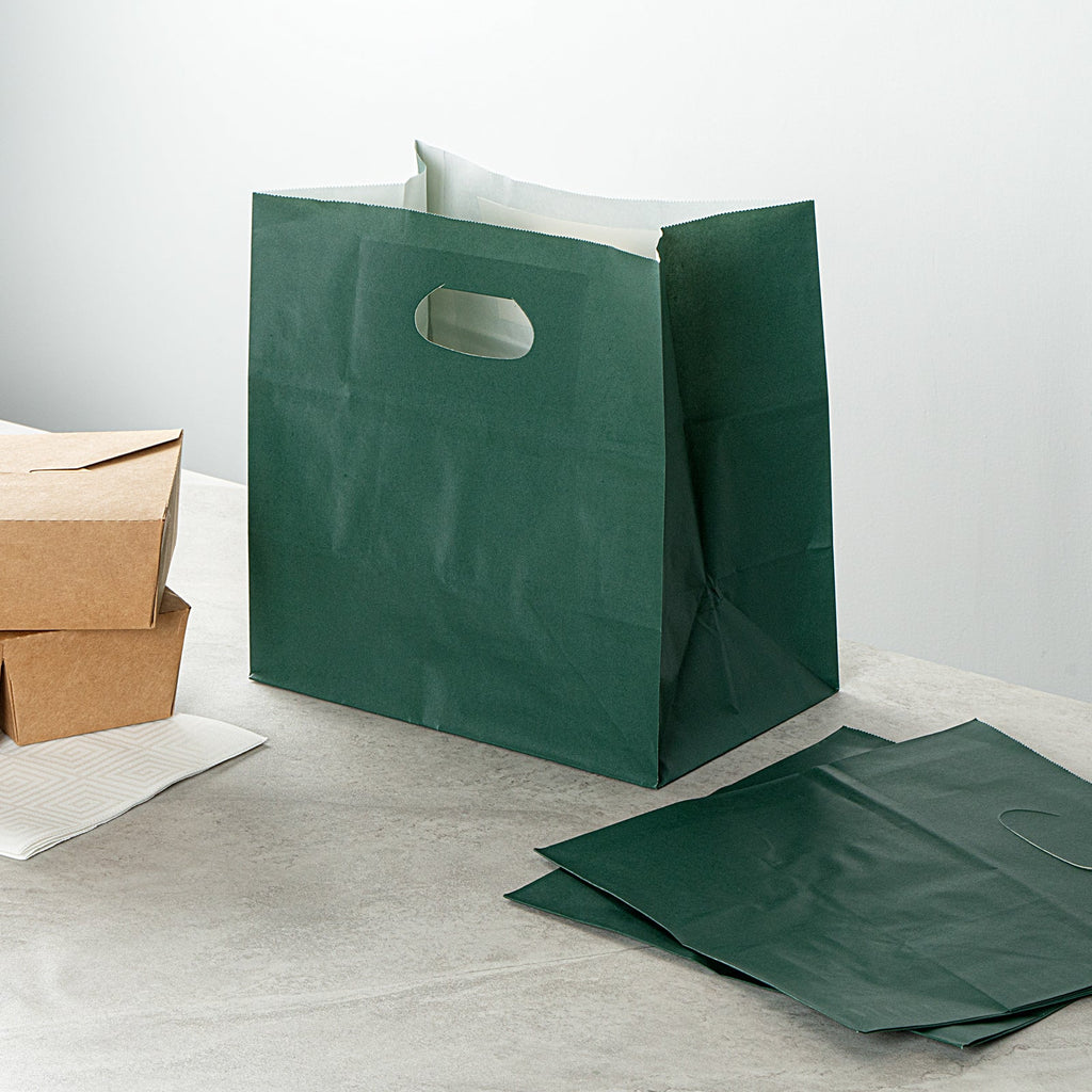 Bag Tek Rectangle Forest Green Paper Take Out Bag - with Handles - 11" x 7" x 11" - 100 count box