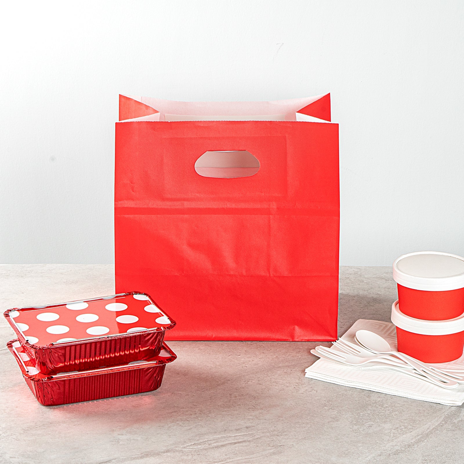 Bag Tek Rectangle Red Paper Take Out Bag - with Handles - 11" x 7" x 11" - 100 count box