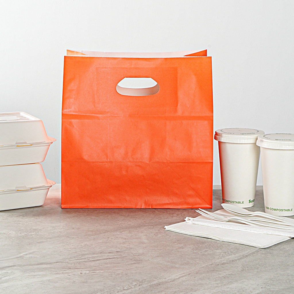 Bag Tek Rectangle Tangerine Orange Paper Take Out Bag - with Handles - 11" x 7" x 11" - 100 count box