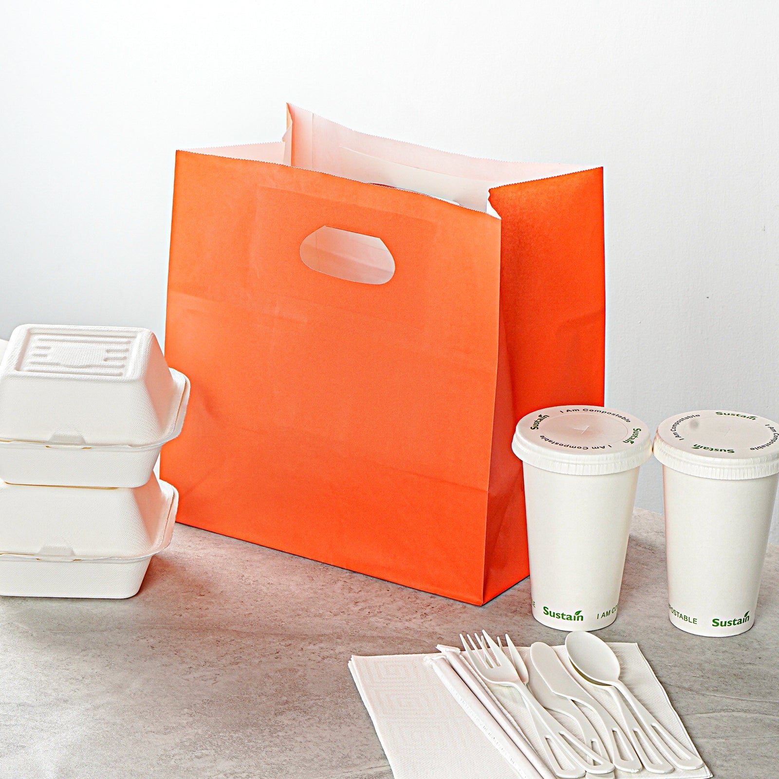 Bag Tek Rectangle Tangerine Orange Paper Take Out Bag - with Handles - 11" x 7" x 11" - 100 count box