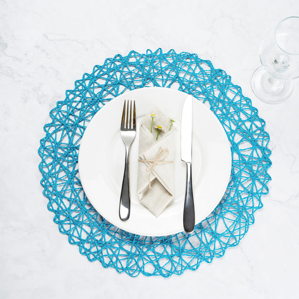Spinweave Round Cerulean Blue Paper Handmade Placemat - Semi-Disposable - 15" x 15" - 6 count box
