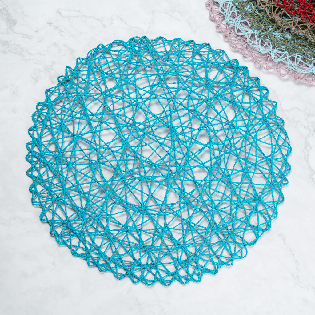 Spinweave Round Cerulean Blue Paper Handmade Placemat - Semi-Disposable - 15" x 15" - 6 count box