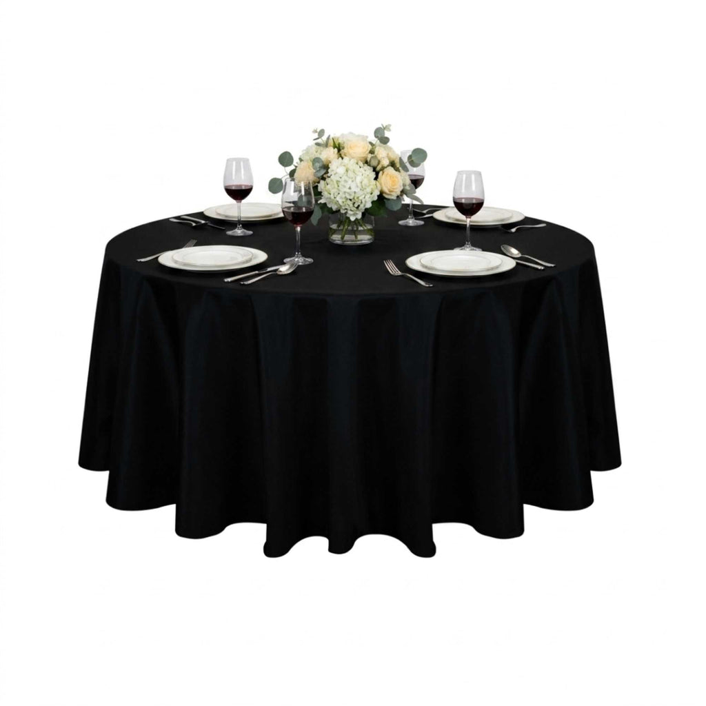 Table Tek Round Black Polyester Cloth Table Cover - Hemmed - 120" - 10 count box