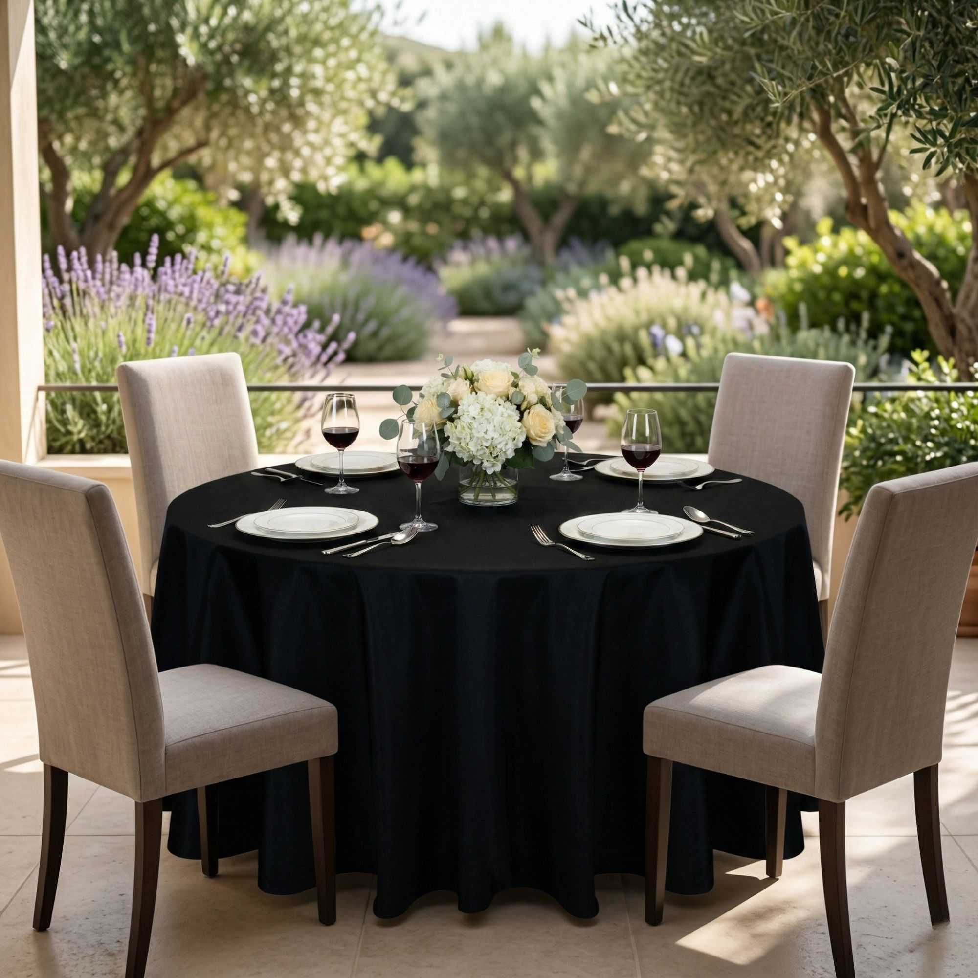 Table Tek Round Black Polyester Cloth Table Cover - Hemmed - 120" - 10 count box