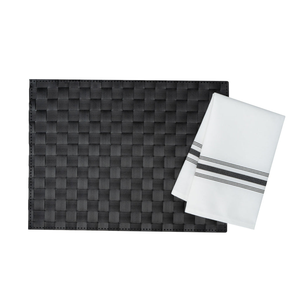 Luxenap White Woven Cloth Bistro Napkin - Black Stripe - 18 1/2" x 22 3/4" - 10 count box
