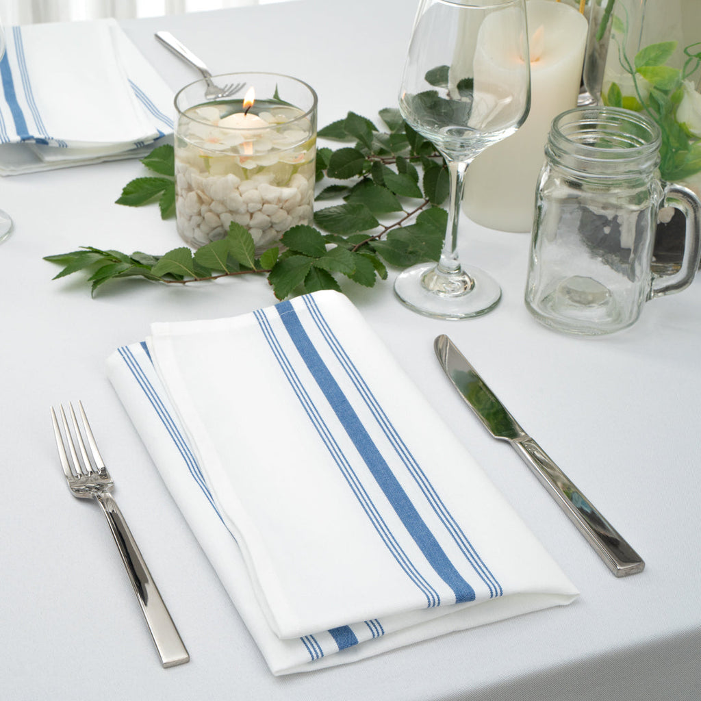 Luxenap White Woven Cloth Bistro Napkin - Blue Stripe - 18 1/2" x 22 3/4" - 10 count box