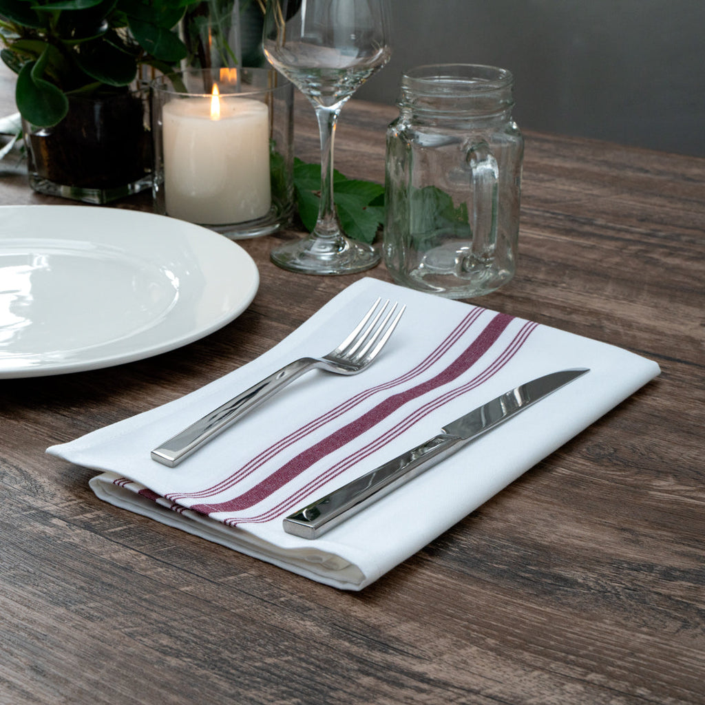 Luxenap White Woven Cloth Bistro Napkin - Burgundy Stripe - 18 1/2" x 22 3/4" - 10 count box