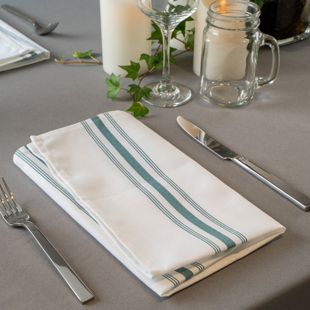 Luxenap White Woven Cloth Bistro Napkin - Green Stripe - 18 1/2" x 22 3/4" - 10 count box