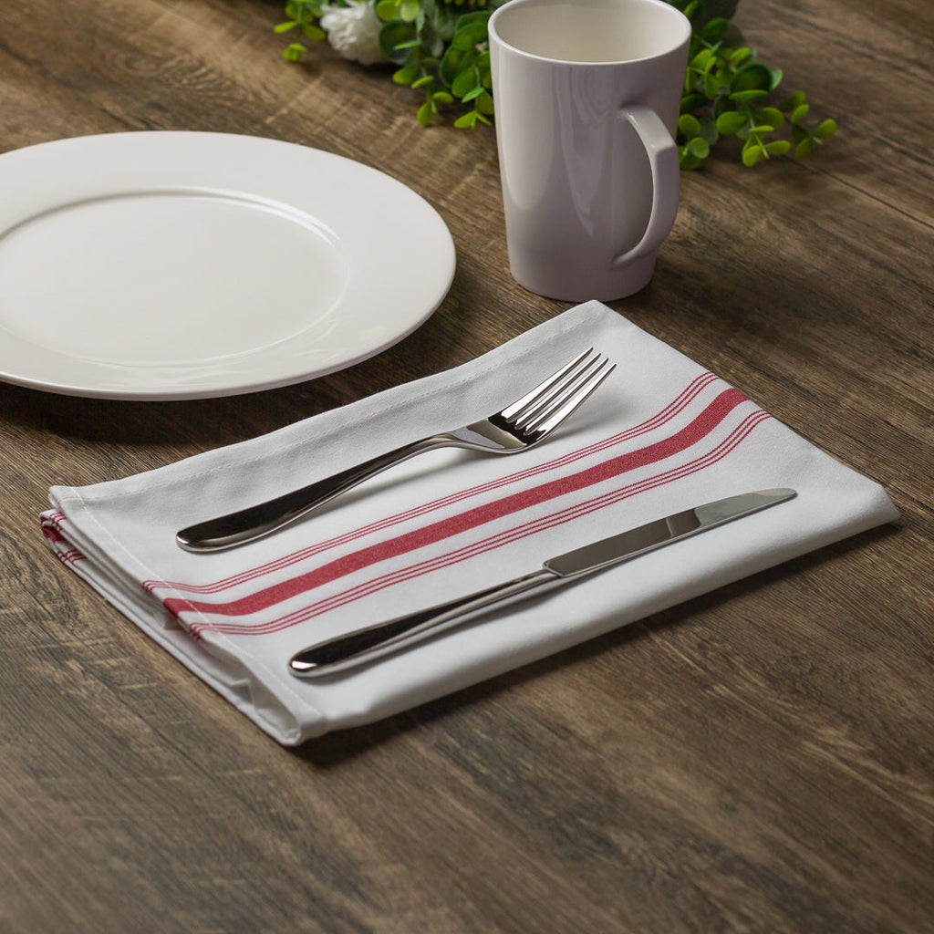 Luxenap White Woven Cloth Bistro Napkin - Red Stripe - 18 1/2" x 22 3/4" - 10 count box
