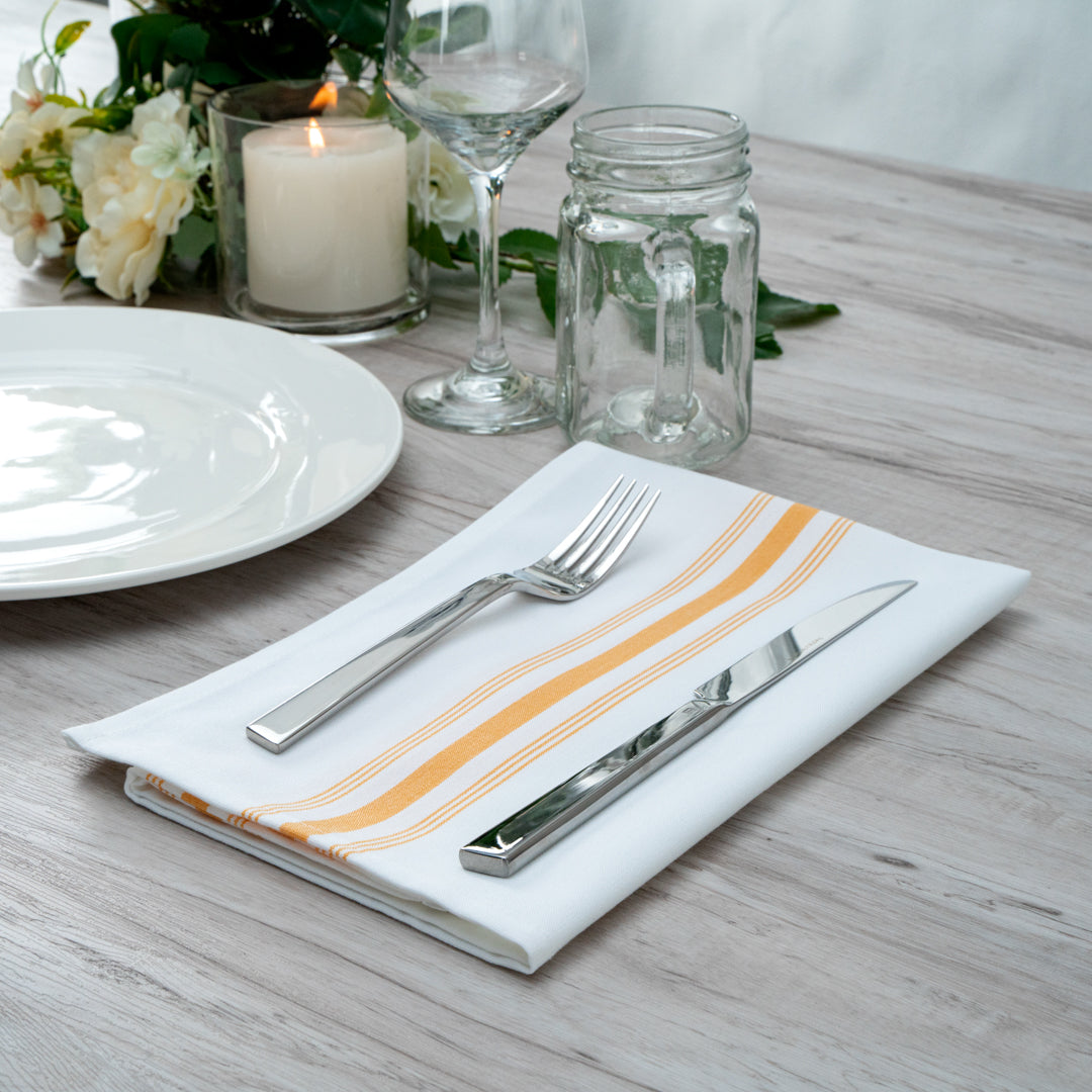 Luxenap White Woven Cloth Bistro Napkin - Yellow Stripe - 18 1/2" x 22 3/4" - 10 count box