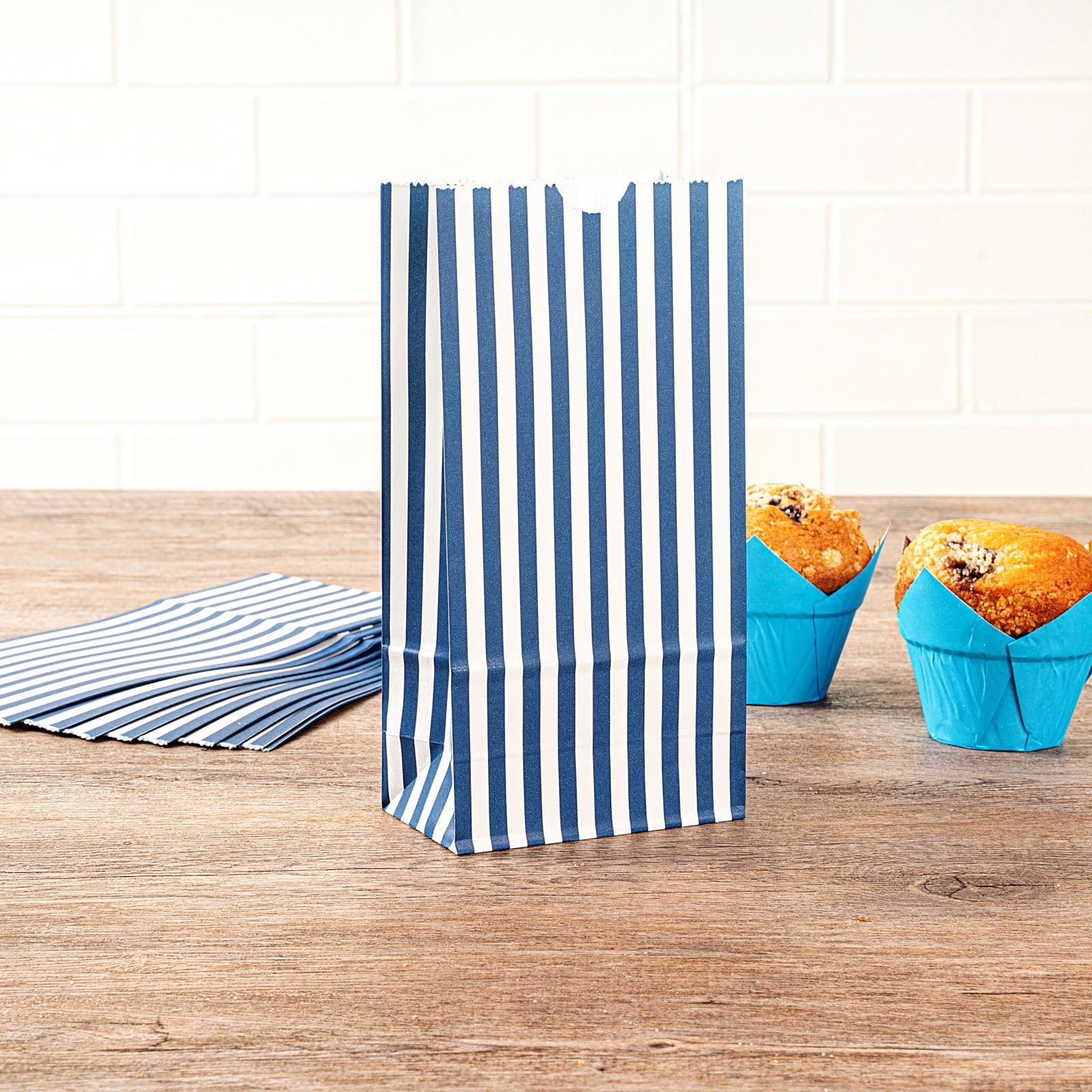 Bag Tek Blue and White Stripe Paper Bag - 2 lb - 4 1/4" x 2 1/4" x 8 1/2" - 100 count box