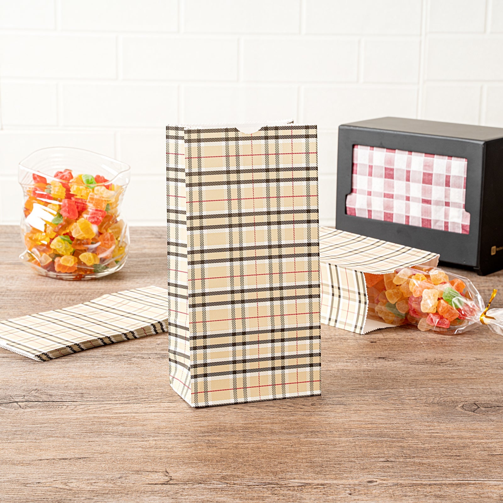 Bag Tek Plaid Paper Bag - 2 lb - 4 1/4" x 2 1/4" x 8 1/2" - 100 count box