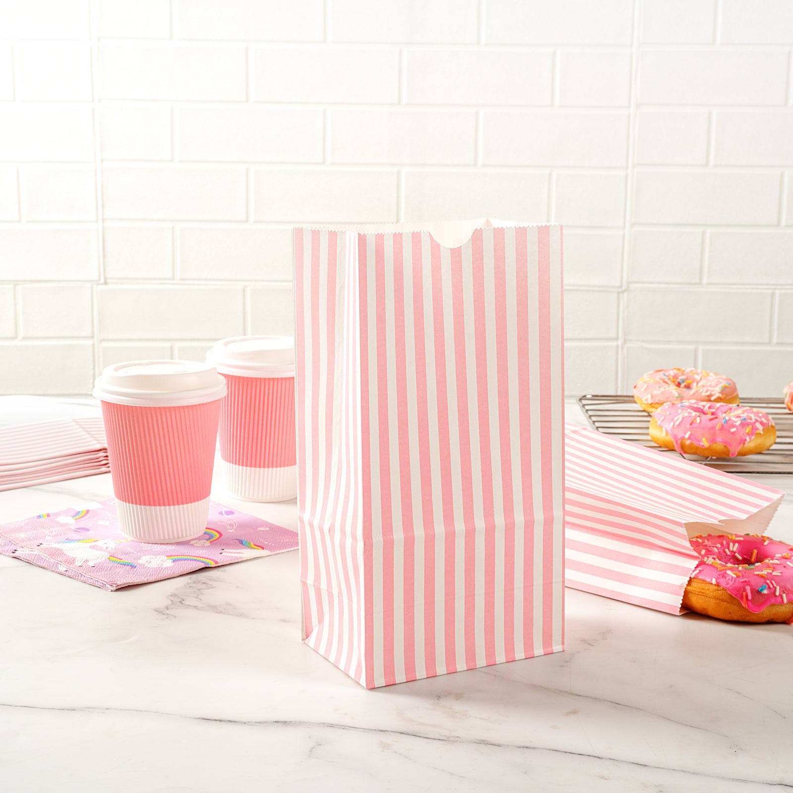 Bag Tek Pink and White Stripe Paper Bag - 4 lb - 5" x 3 1/4" x 9 1/2" - 100 count box