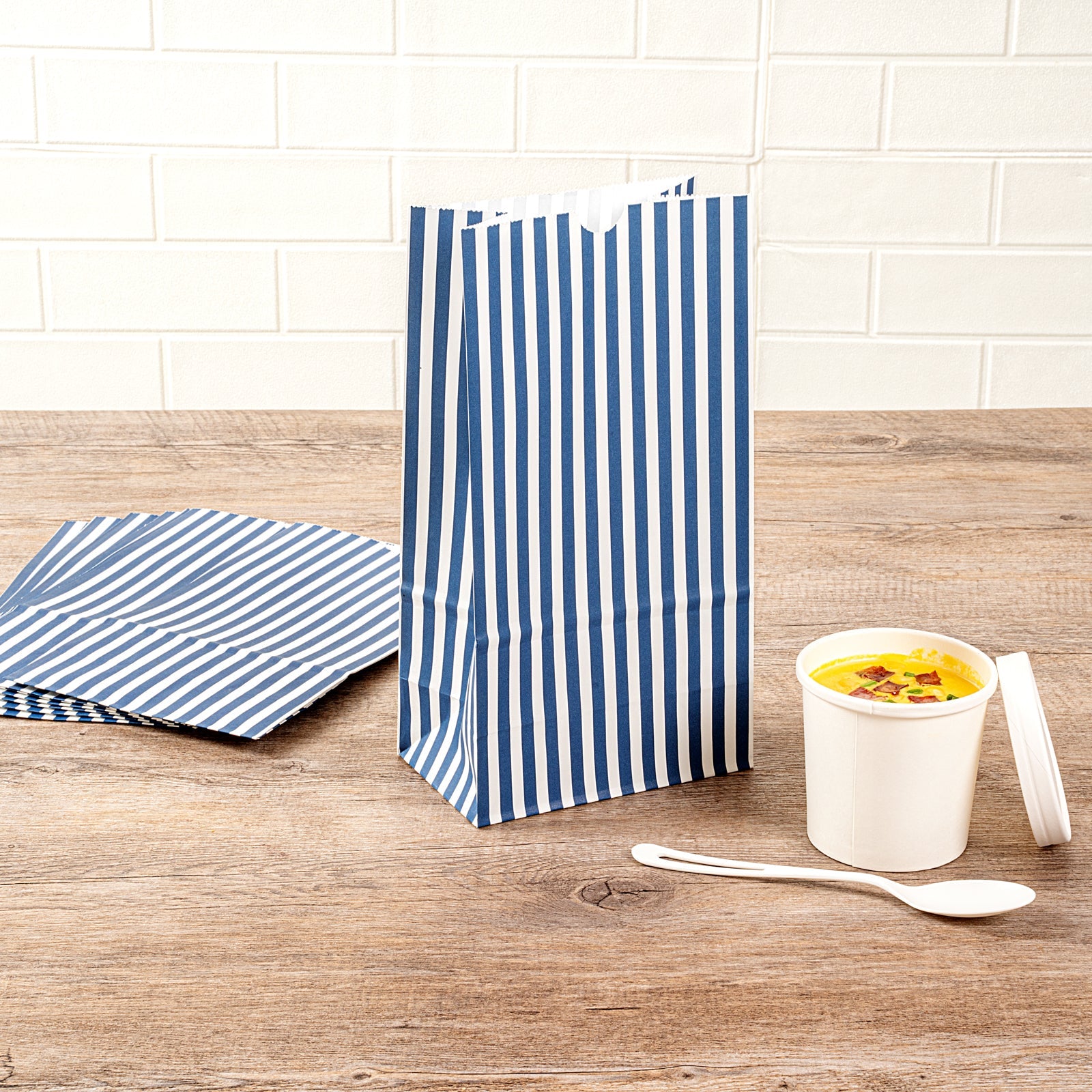 Bag Tek Blue and White Stripe Paper Bag - 6 lb - 6" x 3 1/2" x 10 3/4" - 100 count box