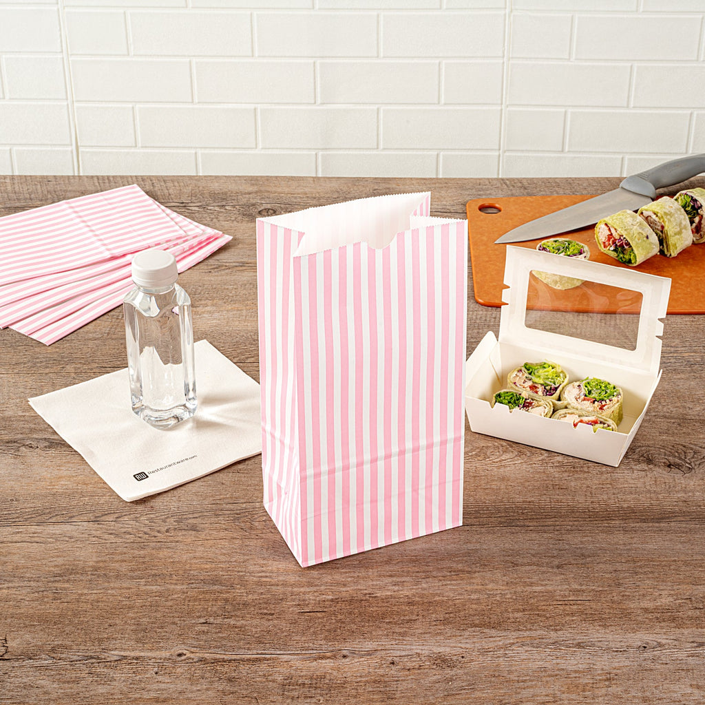 Bag Tek Pink and White Stripe Paper Bag - 6 lb - 6" x 3 1/2" x 10 3/4" - 100 count box