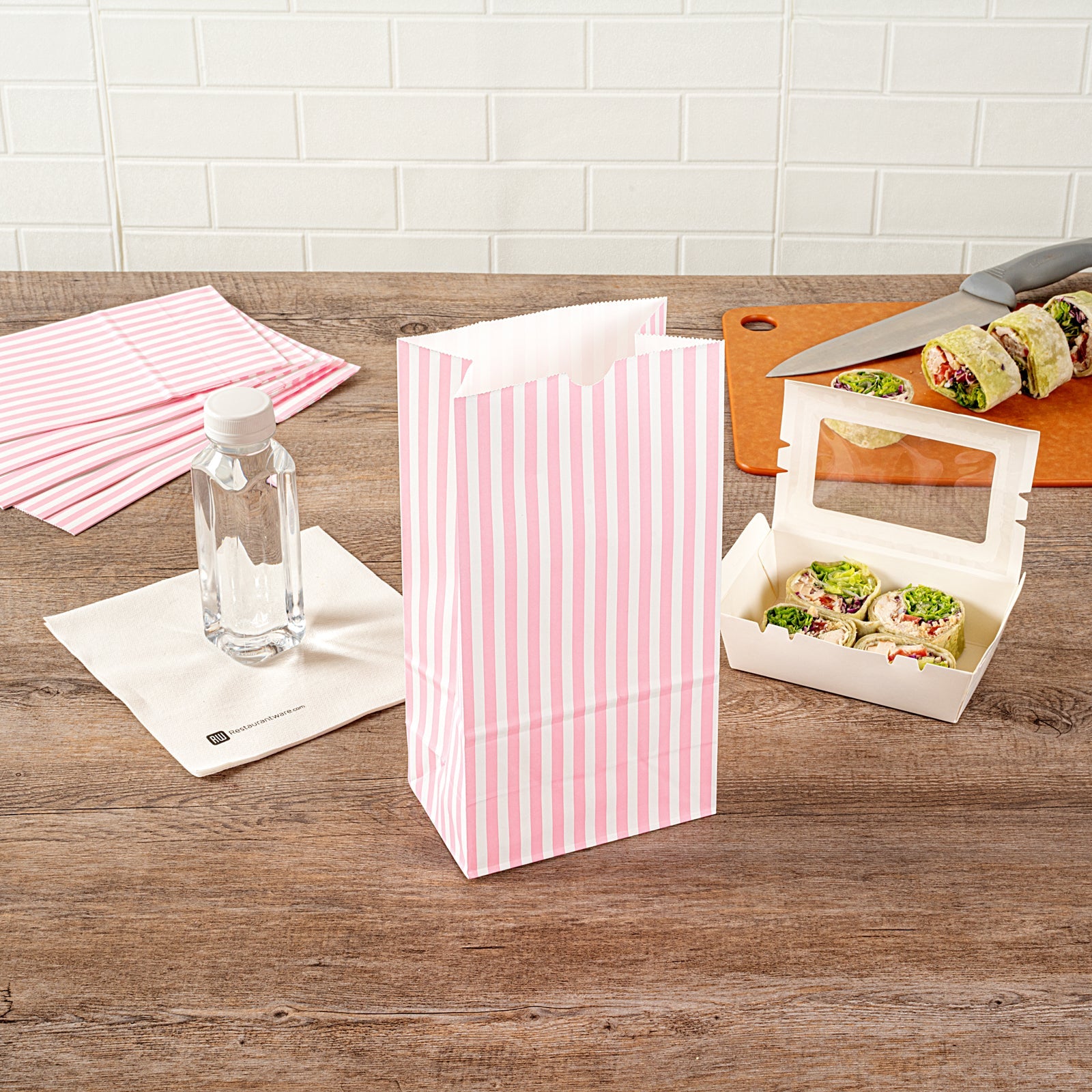 Bag Tek Pink and White Stripe Paper Bag - 6 lb - 6" x 3 1/2" x 10 3/4" - 100 count box