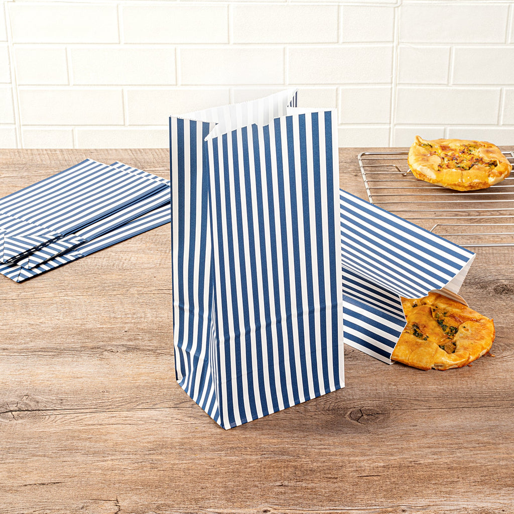 Bag Tek Blue and White Stripe Paper Bag - 8 lb - 6" x 4" x 11 3/4" - 100 count box