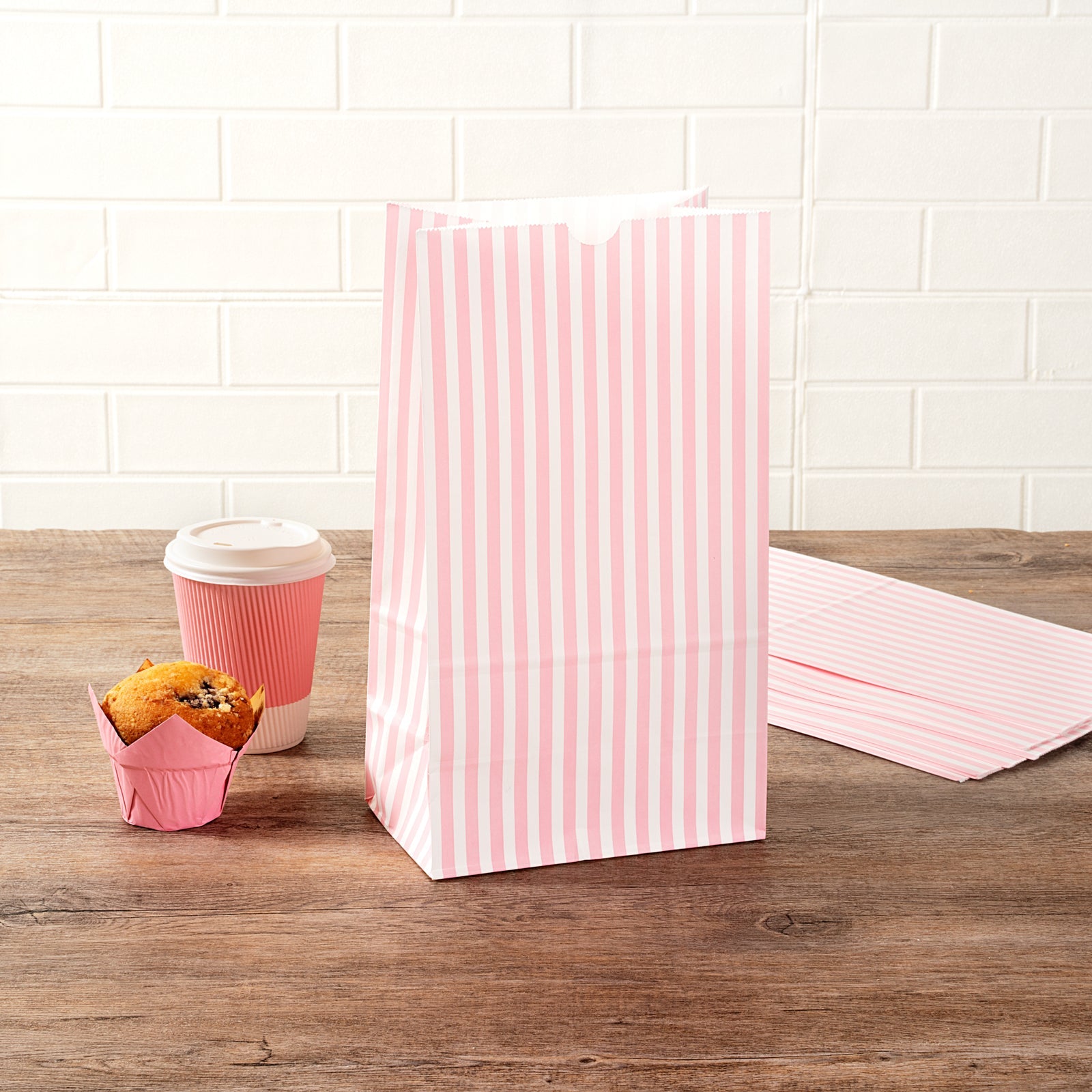 Bag Tek Pink and White Stripe Paper Bag - 12 lb - 7" x 4 1/4" x 12 1/2" - 100 count box