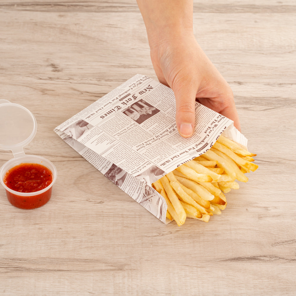 Bag Tek Sepia Newsprint Paper French Fry / Snack Bag - 4 1/4" x 1 1/2" x 6 1/4" - 100 count box