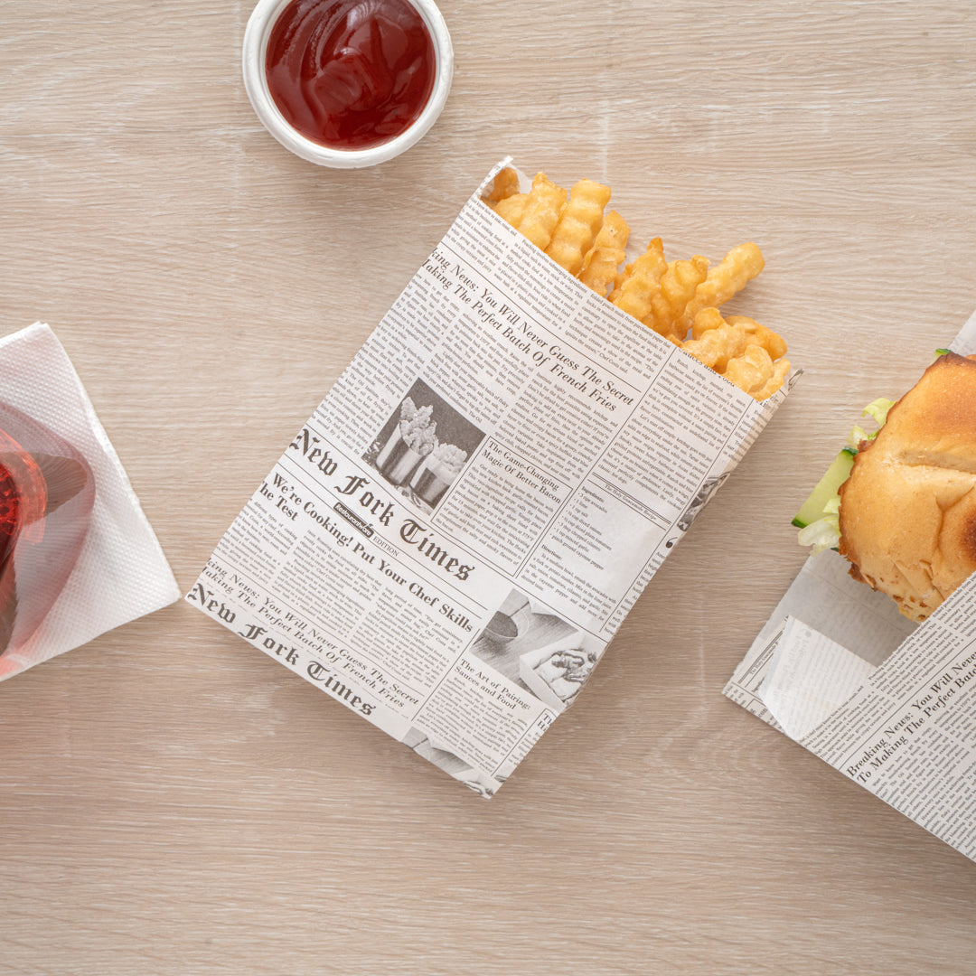 Bag Tek Newsprint Paper French Fry / Snack Bag - 4 1/4" x 1 1/2" x 6 1/4" - 100 count box
