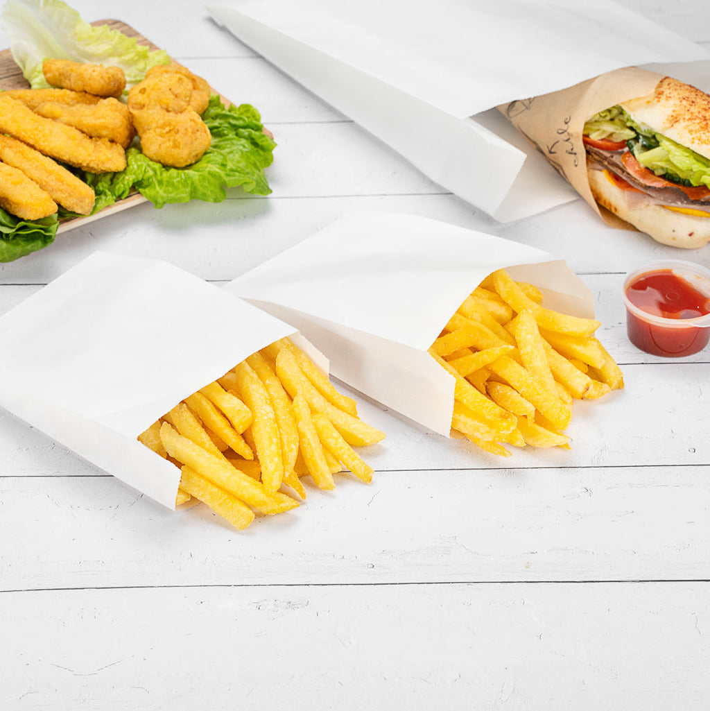 Bag Tek White Paper French Fry / Snack Bag - 4 1/4" x 1 1/2" x 6 1/4" - 100 count box