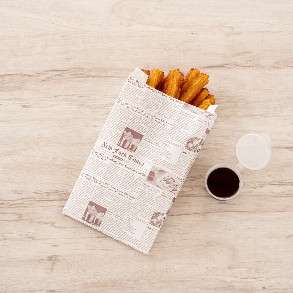 Bag Tek Sepia Newsprint Paper French Fry / Snack Bag - 5" x 3" x 8 3/4" - 100 count box