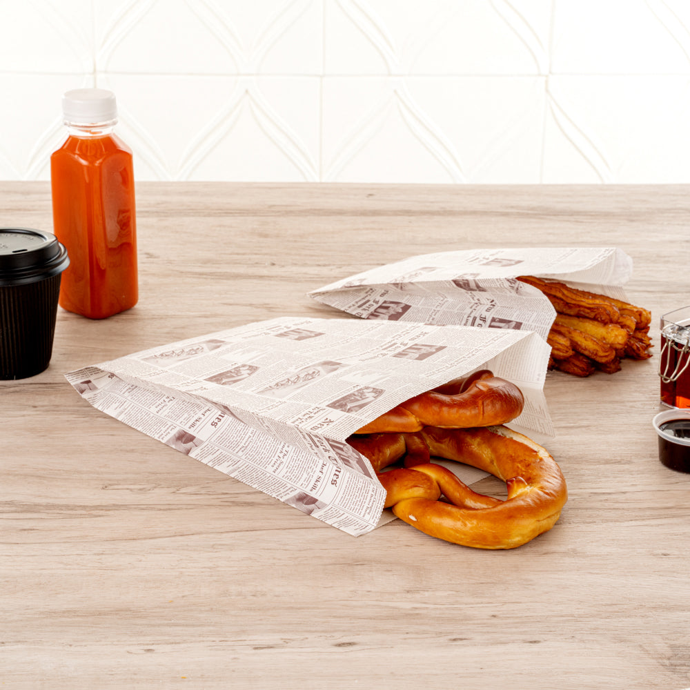 Bag Tek Sepia Newsprint Paper French Fry / Snack Bag - 7" x 3" x 11" - 100 count box