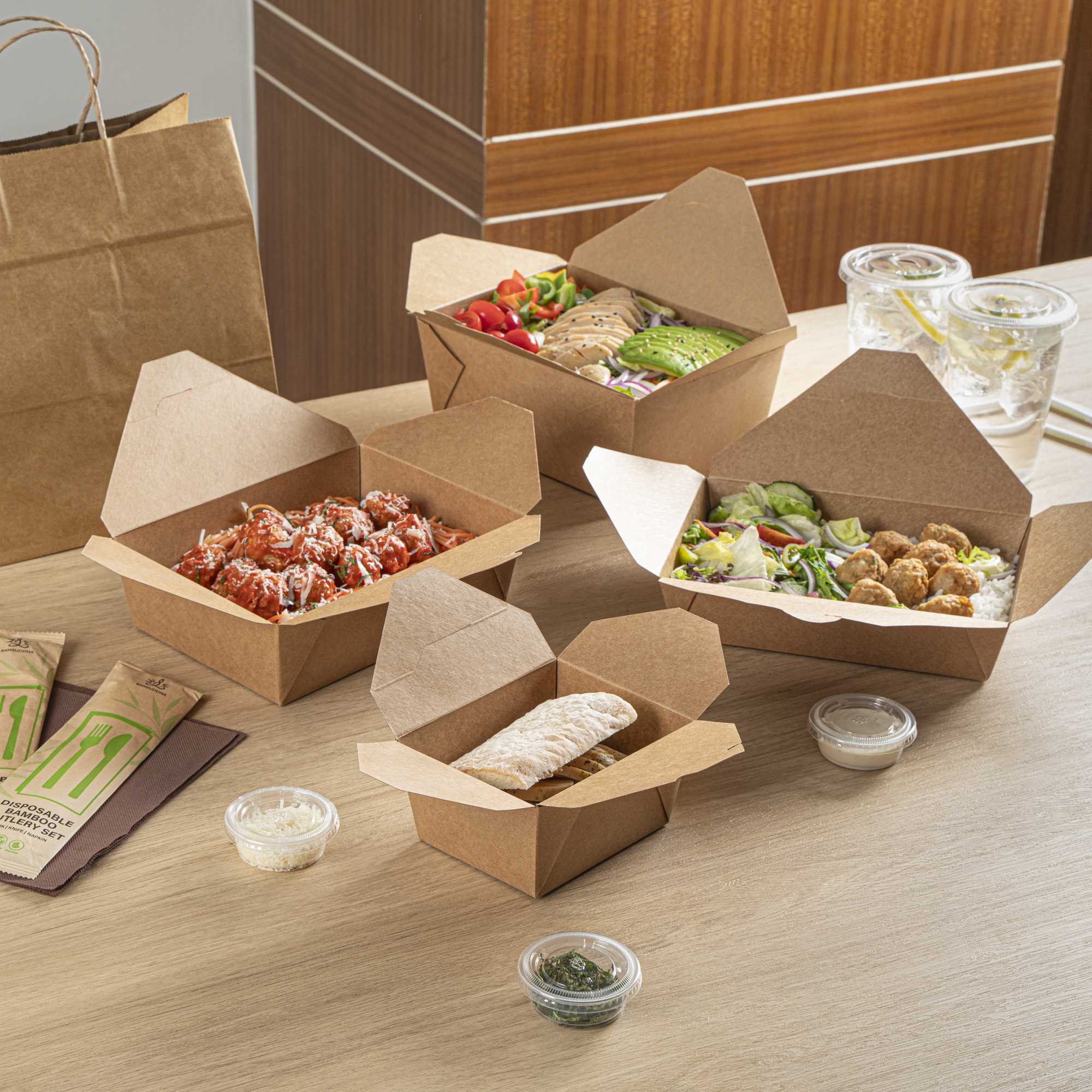 Bio Tek 30 oz Rectangle Kraft Paper Microwavable #1 Bio Box Take Out Container - 5" x 4" x 2 1/2" - 50 count box