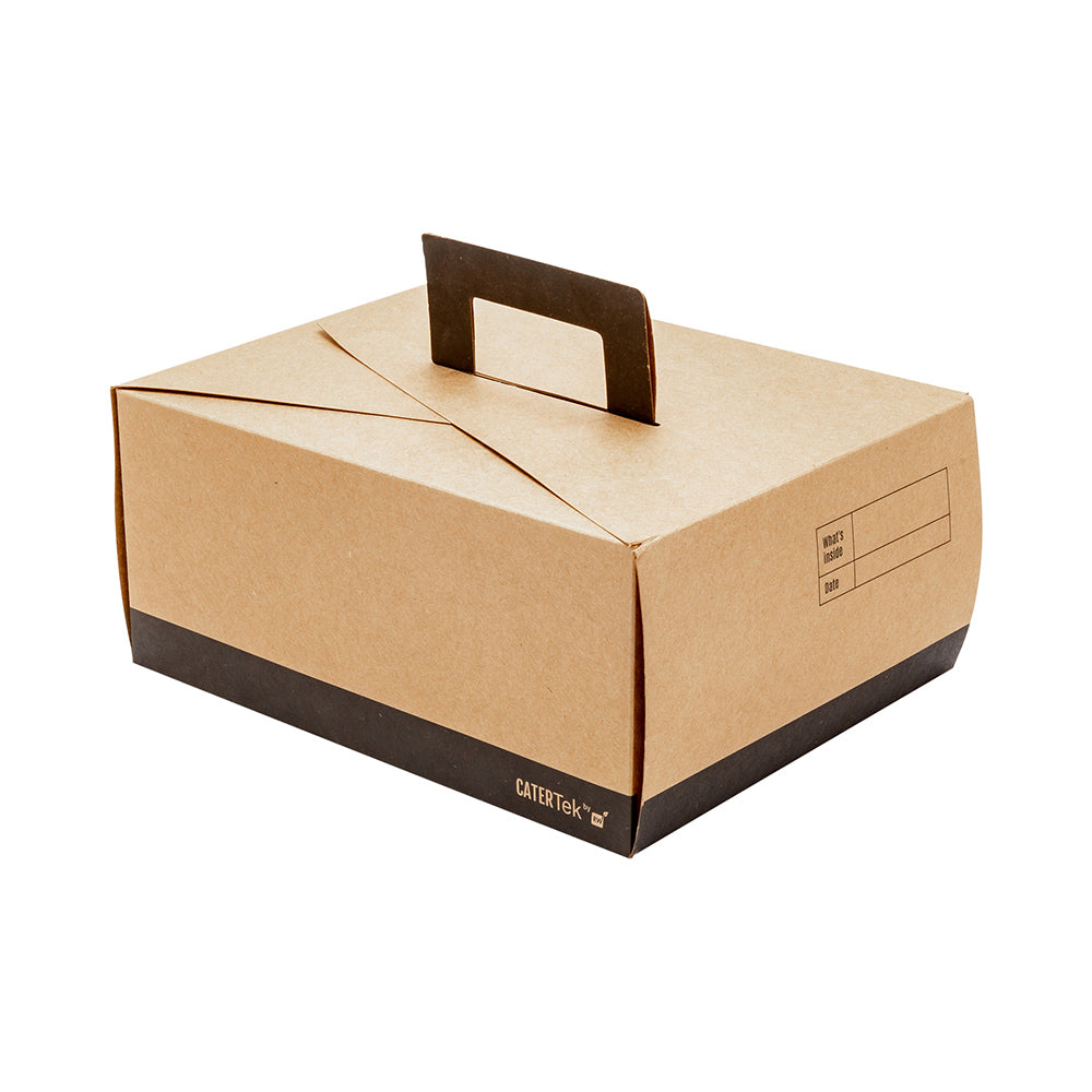 Cater Tek Rectangle Kraft and Black Paper Take Out Container - with Handle - 9" x 7" x 3" - 100 count box