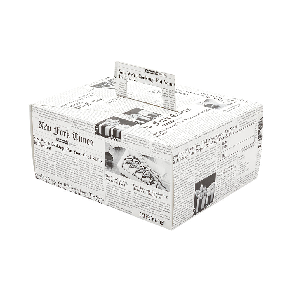 Cater Tek Rectangle Newsprint Paper Take Out Container - with Handle - 9" x 7" x 3" - 100 count box