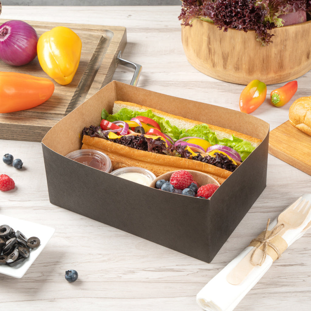 Bio Tek Rectangle Black Paper Sandwich / Burger Open Tray - 8 1/2" x 6" x 3 1/2" - 100 count box