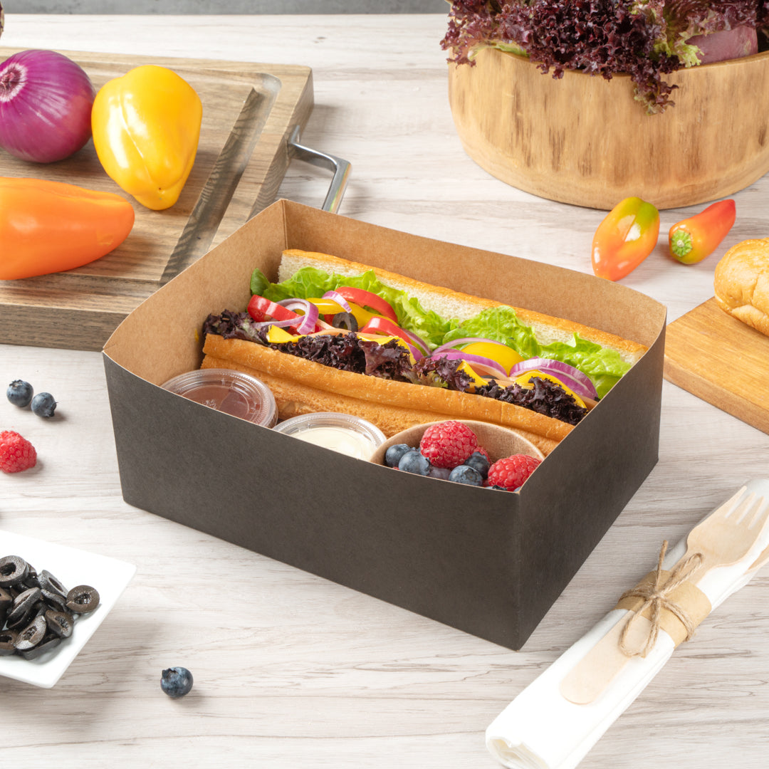 Bio Tek Rectangle Black Paper Sandwich / Burger Open Tray - 8 1/2" x 6" x 3 1/2" - 100 count box