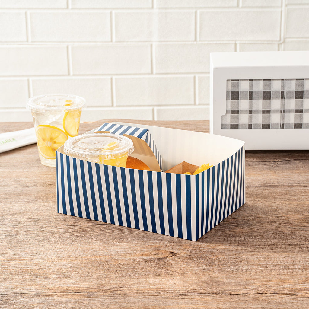 Bio Tek Rectangle Blue and White Stripe Paper Sandwich / Burger Open Tray - 8 1/2" x 6" x 3 1/2" - 100 count box