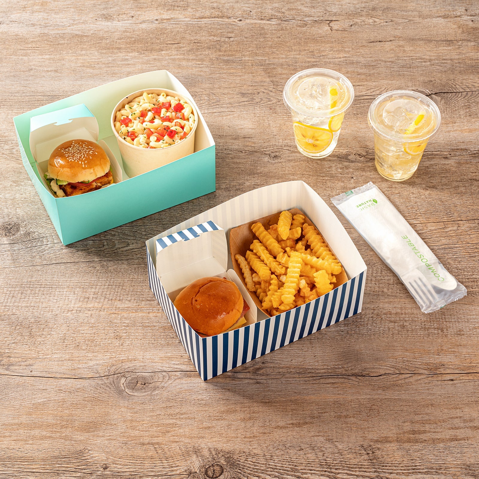 Bio Tek Rectangle Blue and White Stripe Paper Sandwich / Burger Open Tray - 8 1/2" x 6" x 3 1/2" - 100 count box