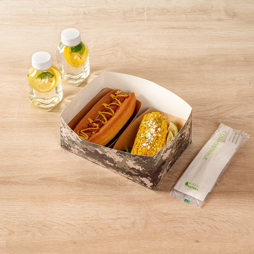 Bio Tek Rectangle Camouflage Paper Sandwich / Burger Open Tray - 8 1/2" x 6" x 3 1/2" - 100 count box